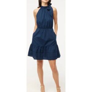 J.Crew Poplin Halter Neck Mini Dress Navy Cotton Bow Pockets Tiered US 2